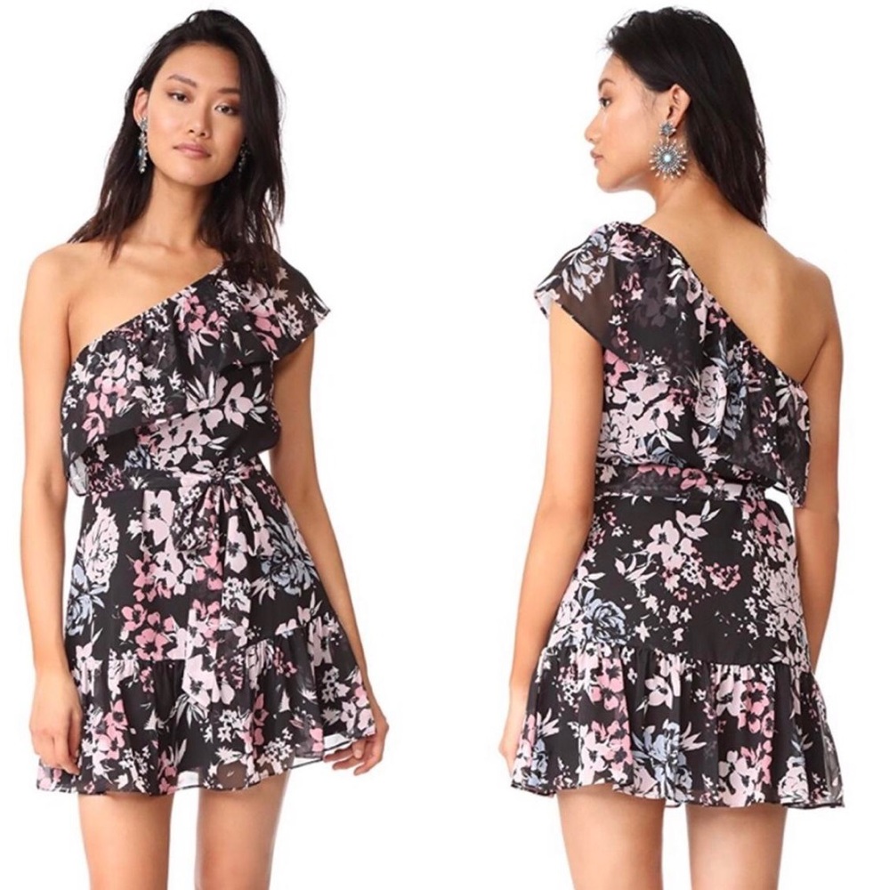 YUMI KIM size XS one shoulder black pink blue floral flare dress $198 revolve